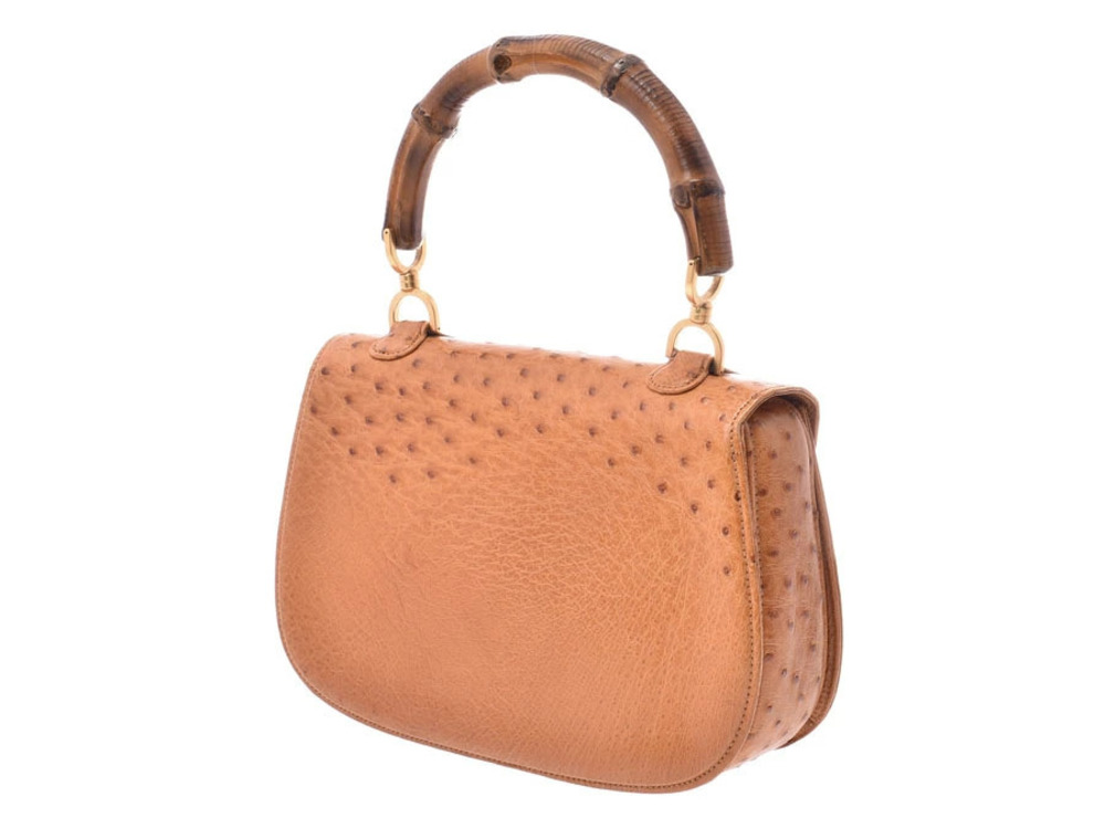 Gucci Leather Strap 2way Ostrich Bamboo Brown Camel Handbag Tan Brown Tan